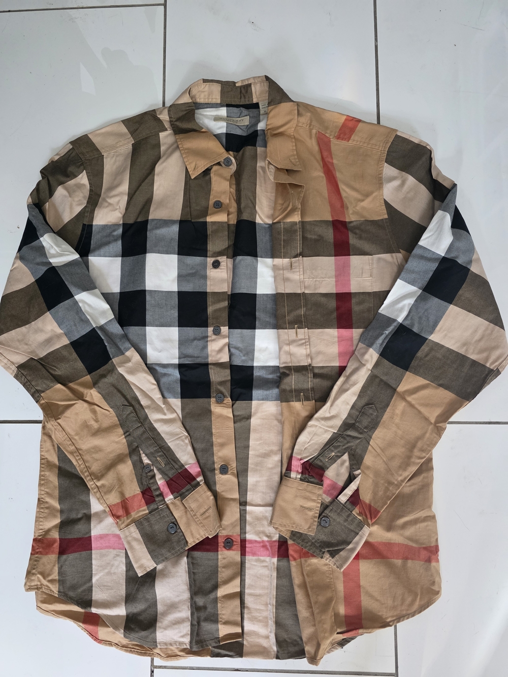 Burberry Womans Classic Plaid Button-Up Shirt in Tan, Black, White, Red